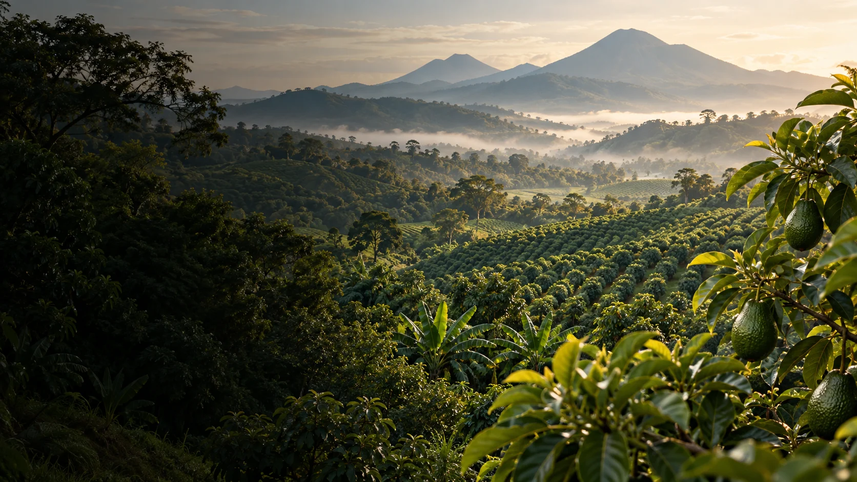 Paisaje agrícola tropical con huertos y montañas, ilustración generada con IA